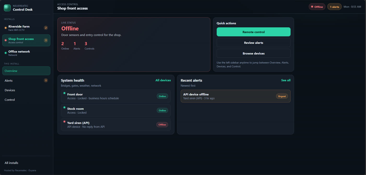 Neuereatec Control Desk showing live status, system health and alerts for an access-control install