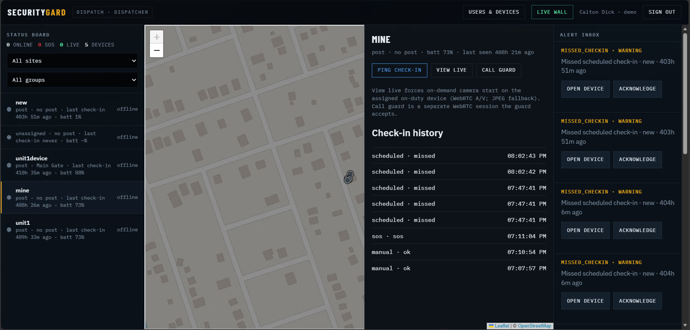 SecurityGard dispatch board with map, device list and alert inbox