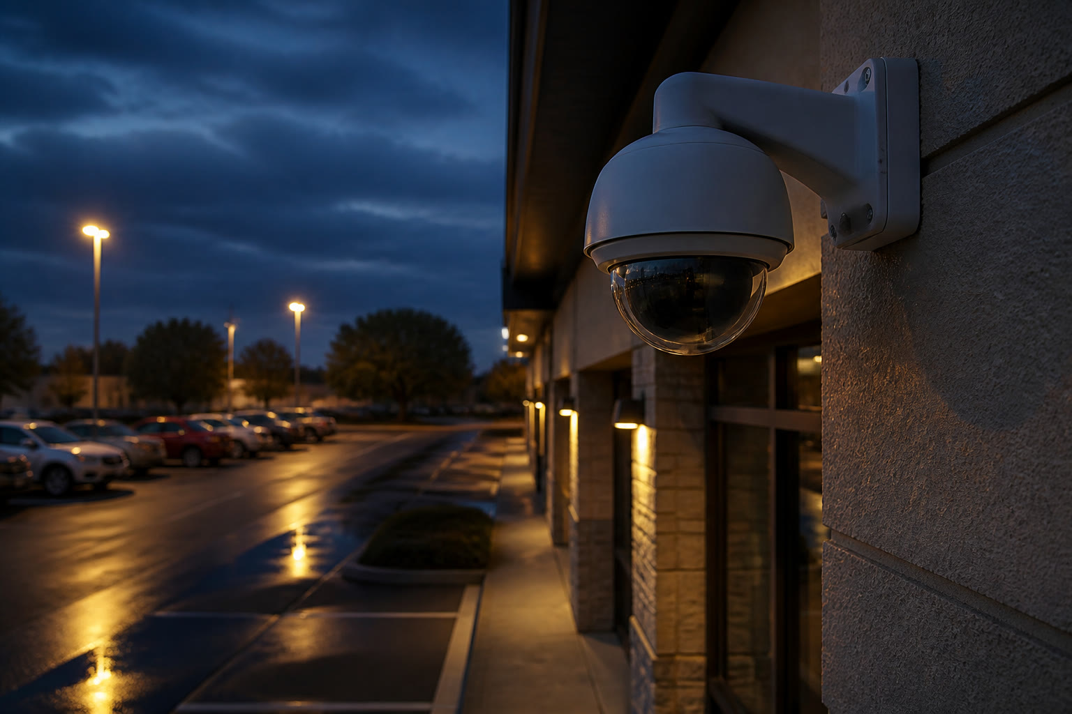 CCTV cameras on a commercial building at dusk